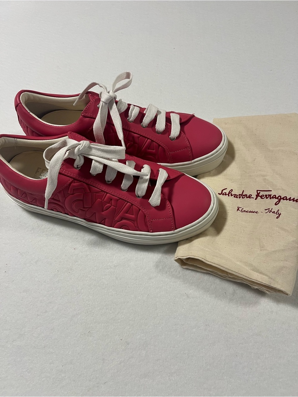 Salvatore Ferragamo Hot Pink Embossed Leather Low Top Sneaker  Size 51/2 M